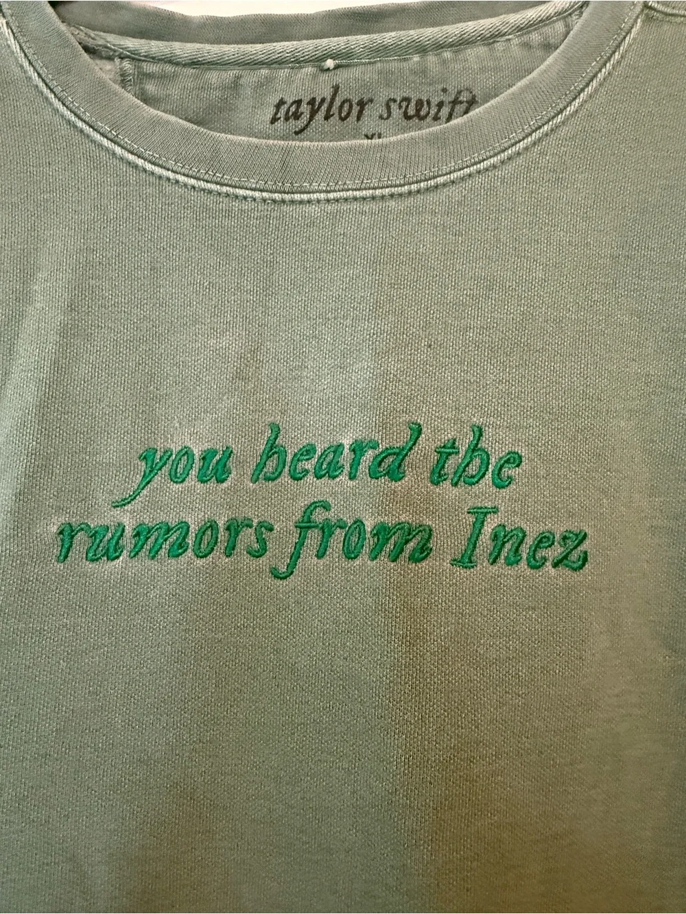 Taylor Swift "you heard the rumors from Inez" Green Embroidered sweatshirt - Picture 1 of 5